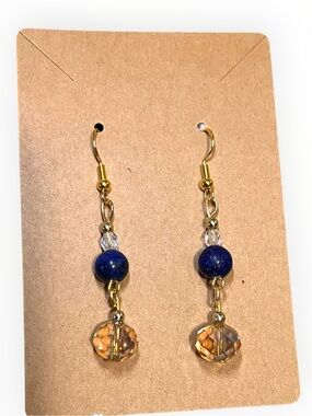 New, artisan crafted dangle earrings. Lapis lazuli with pyrite, crystal beads.